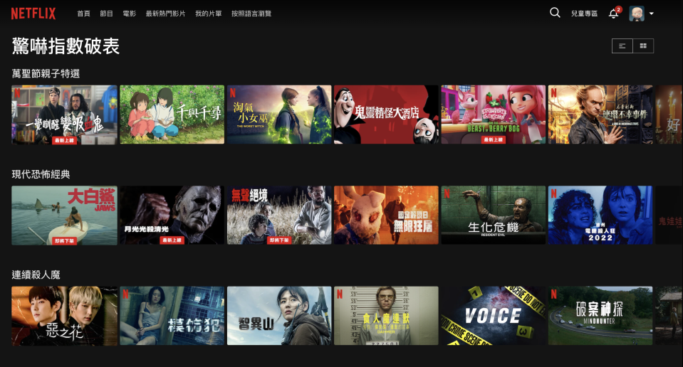 Netflix「驚嚇指數破表專區」- 「萬聖節親子特選」、「現代恐怖經典」、「連續殺人魔」（Netflix網站截圖）