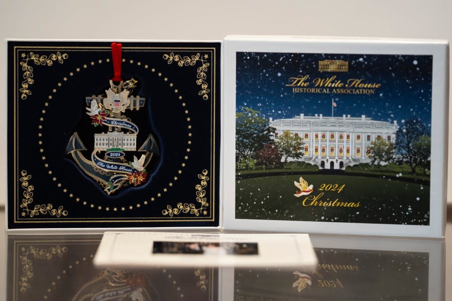 The 2024 White House Christmas Ornament featuring former President Jimmy Carter, is seen at the White House Historical Association Wednesday, Feb. 21, 2024, in Washington. Carter is the first of the U.S. presidents to be honored with an official White House Christmas ornament while still living. (AP Photo/Evan Vucci)