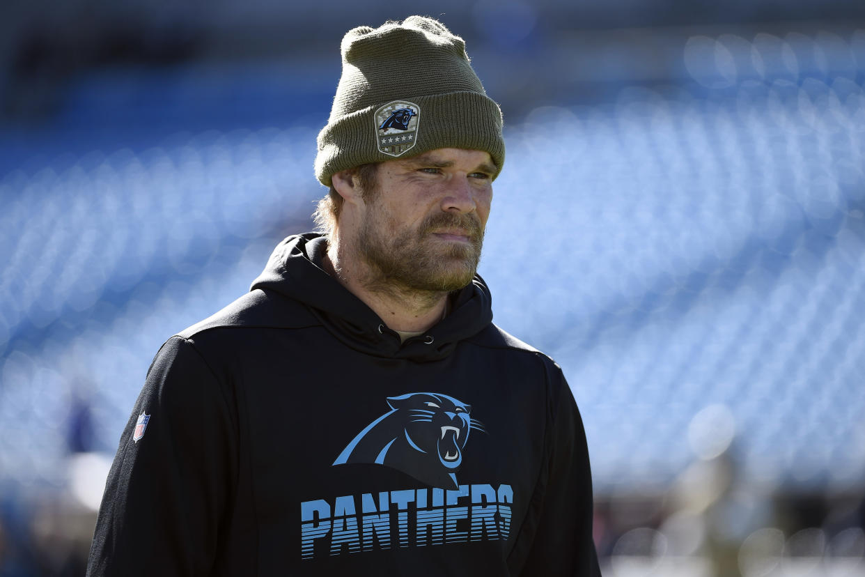 Carolina Panthers tight end Greg Olsen is seen prior to an NFL football game against the Atlanta Falcons in Charlotte, N.C., Sunday, Nov. 17, 2019. (AP Photo/Mike McCarn)