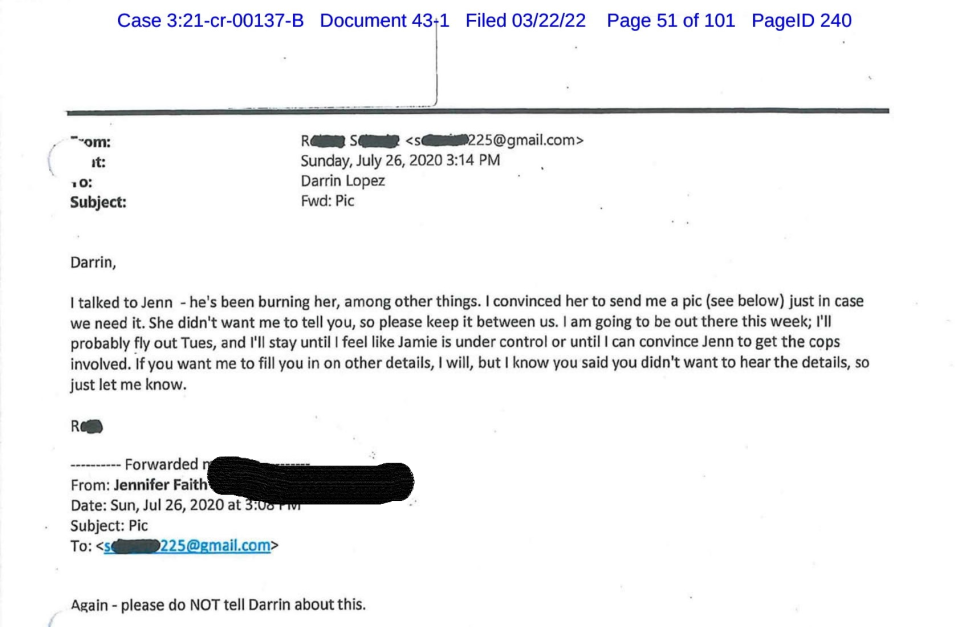 During the investigation, authorities uncovered an elaborate plot – emails from Jennifer Faith to Darrin Lopez posing as her husband and also as a former co-worker, claiming that she was being physically abused by Jamie Faith. Jennifer's fake emails seemed designed to provoke Lopez to kill Jamie in order to protect her. / Credit: U.S. District Court for The Northern District of Texas