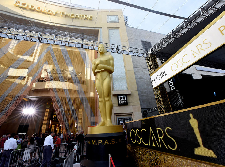 HOLLYWOOD, CA - FEBRUARY 26: An Oscar statue is seen as preparations continue for the 88th Annual Academy Awards at Hollywood & Highland Center on February 26, 2016 in Hollywood, California. (Photo by Kevin Mazur/WireImage) 