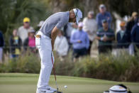 Talor Gooch reacts to a missed birdie putt on the first green during the final round of the RSM Classic golf tournament, Sunday, Nov. 21, 2021, in St. Simons Island, Ga. (AP Photo/Stephen B. Morton)