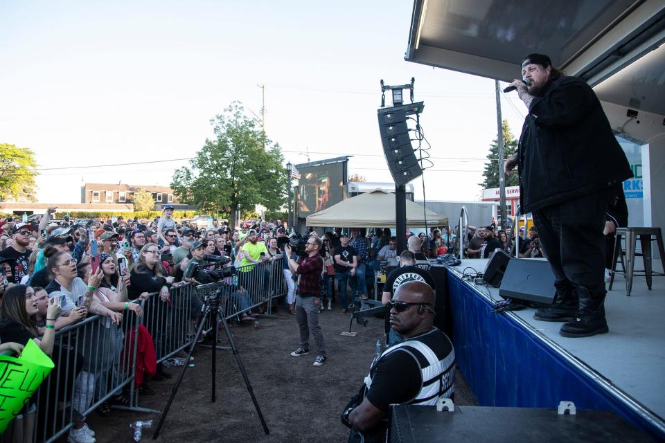 Jelly Roll performs for fans during a live listening party at Greenhouse of Walled Lake in Walled Lake on Friday, May 26, 2023.