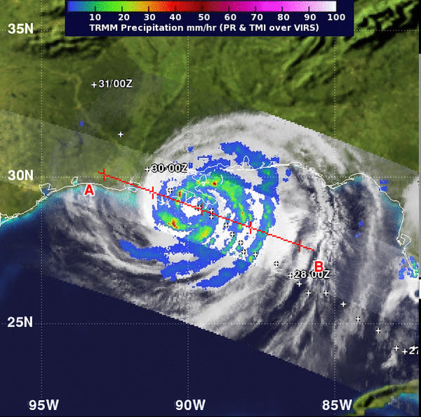 NASA's TRMM satellite captured a view of Isaac's rainfall rates on the night of Aug. 28, just 3 hours and 20 minutes after its first landfall in southeastern Louisiana. The purple areas indicate the heaviest rainfall, near 2.7 inches (70 mm) pe