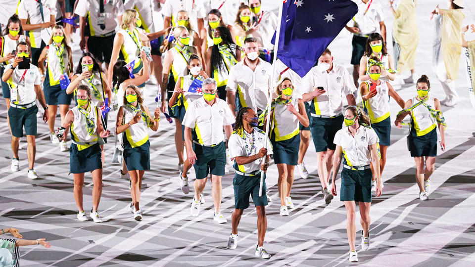 Patty Mills and Cate Campbell, pictured here carrying the flag for Australia at the opening ceremony.