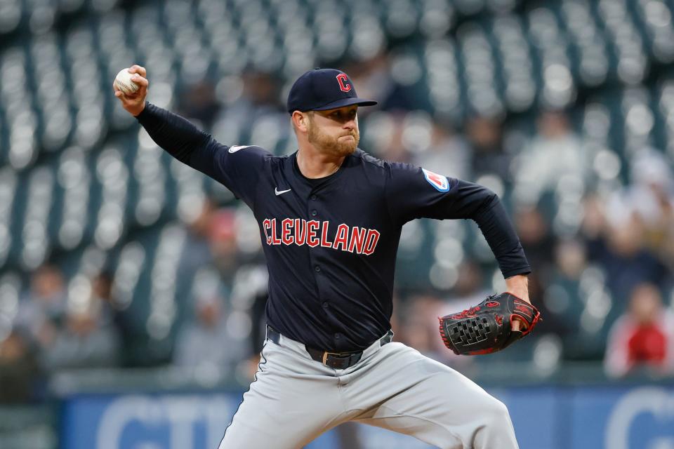 Cleveland Guardians starting pitcher Ben Lively (39) delivers a pitch against the Chicago White Sox on Thursday in Chicago.
