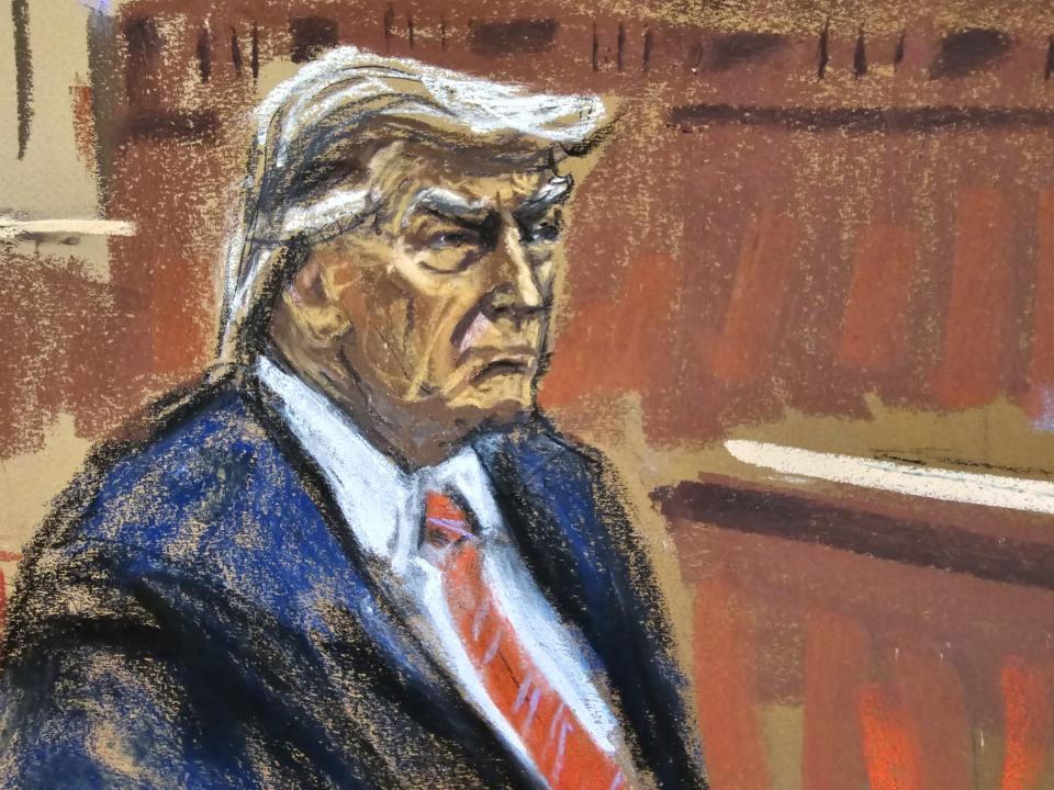 Former U.S. President Donald Trump sits as final jurors are sworn in during his criminal trial on charges that he falsified business records to conceal money paid to silence porn star Stormy Daniels in 2016, in Manhattan state court in New York, Friday, April 19, 2024, in this courtroom sketch. (Jane Rosenberg via AP, Pool)