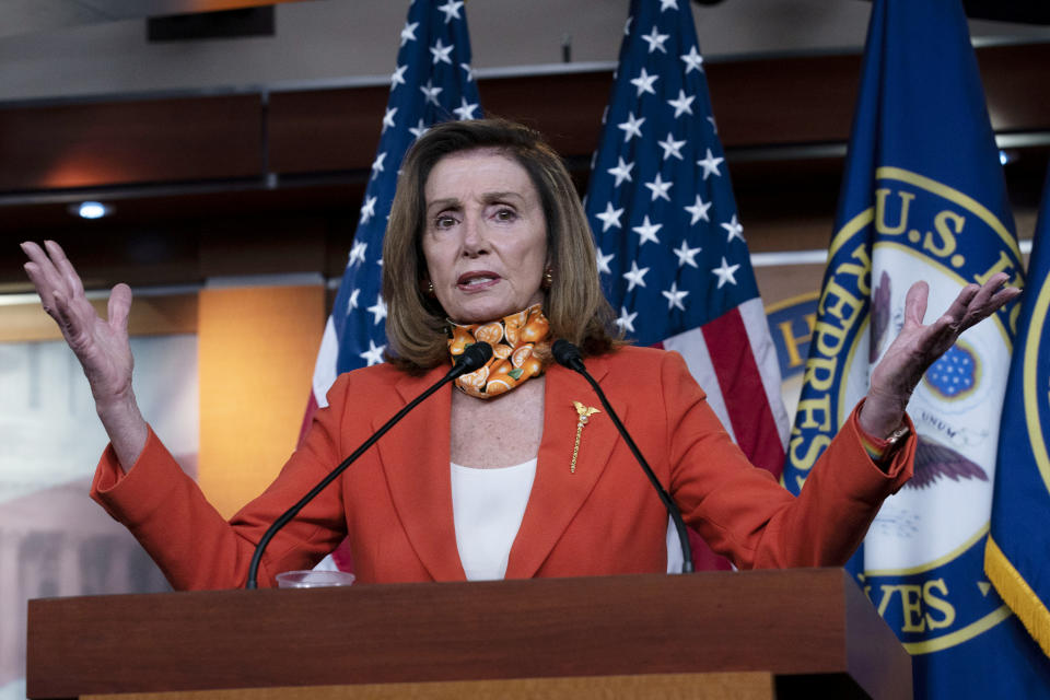 Speaker of the House Nancy Pelosi, D-Calif. speaks during a news conference Thursday, Sept. 24, 2020 on Capitol Hill in Washington. (AP Photo/Jose Luis Magana)