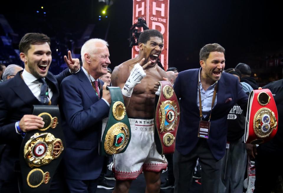 Anthony Joshua celebrates beating Andy Ruiz Jr in Riyadh, Saudi Arabia (PA)