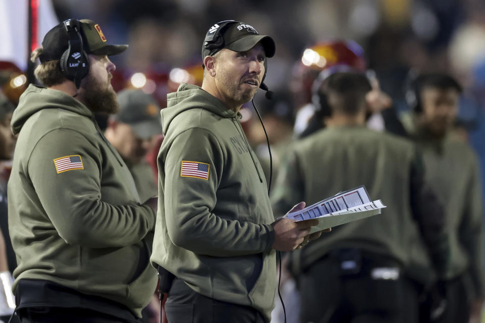 Iowa State coach Matt Campbell stands along the sideline during the team's NCAA college football game against BYU on Saturday, Nov. 11, 2023, in Provo, Utah. (Spenser Heaps/The Deseret News via AP)