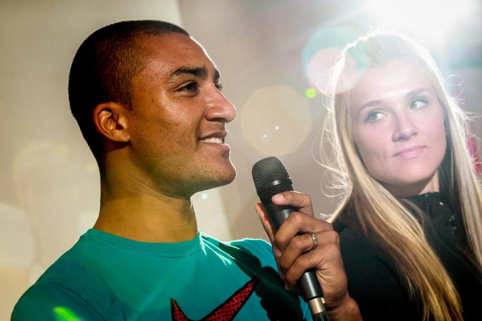 <p>Reigning Olympic Heptathlon champion Ashton Eaton pictured with his wife Brianne Theisen-Eaton at the press conference of the athletics meeting of Liege. They both will participate. (Photo by William Van Hecke/Corbis via Getty Images) </p>