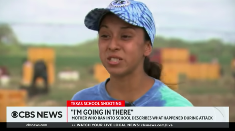 Angeli Rose Gomez describes being handcuffed outside Robb Elementary School to CBS News after she reportedly tried to run in to the school to rescue her two sons (CBS News/video screengrab)