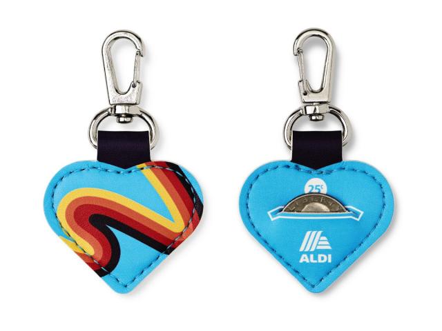 A front and back image of the heart-shaped Aldi Gear keychain quarter holder