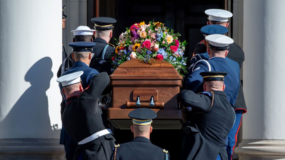 The casket of former first lady Rosalynn Carter is carried into the Glenn Memorial United Methodist Church for a tribute service in Atlanta on Tuesday, November 28. - Will Lanzoni/CNN