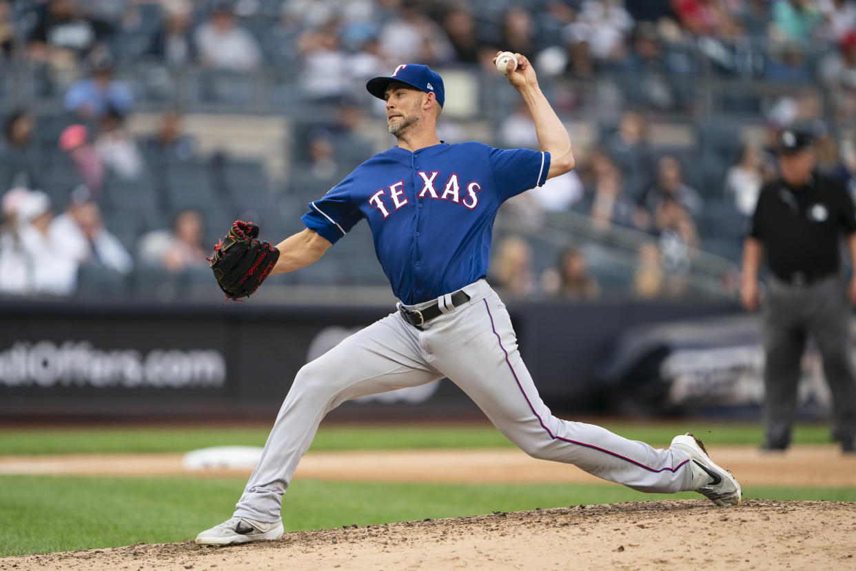 Sep 2, 2019; Bronx, NY, USA; Texas Rangers pitcher Mike Minor (23) delivers a pitch during the fifth inning against the New York Yankees at Yankee Stadium. Mandatory Credit: Gregory J. Fisher-USA TODAY Sports