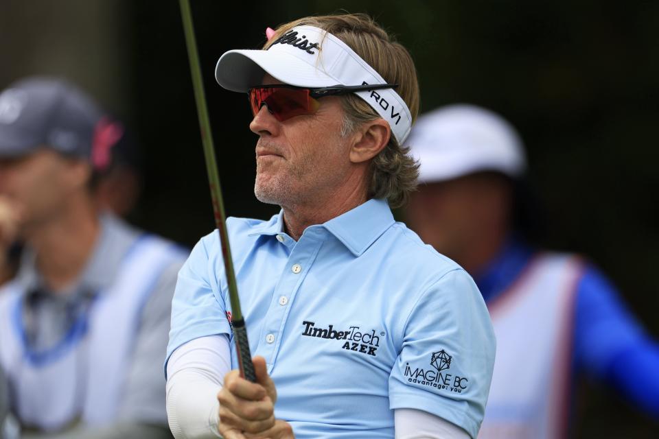 Brett Quigley plays his shot from the seventh tee during the final round of the Constellation Furyk & Friends PGA Tour Champions golf tournament on Oct. 8, 2023, at the Timuquana Country Club.