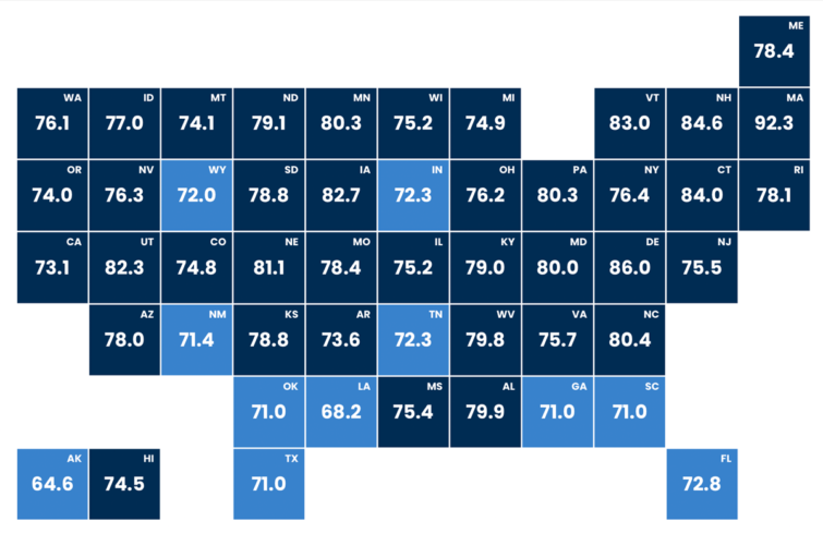 Source: <a href="https://www.americashealthrankings.org/explore/annual/measure/Immunize_b/state" rel="nofollow noopener" target="_blank" data-ylk="slk:America’s Health Rankings/United Health Foundation;elm:context_link;itc:0;sec:content-canvas" class="link ">America’s Health Rankings/United Health Foundation</a><br>Graphic by Eamonn Fitzmaurice/The 74<br>