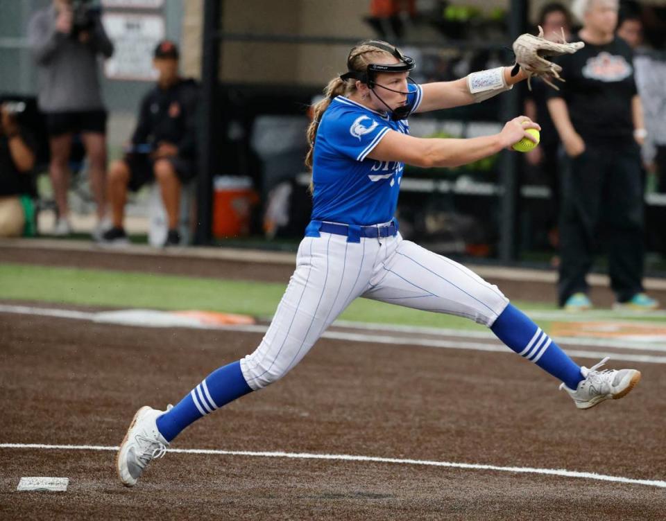 Centennial pitcher Bailey Lindemuth throws in the first inning during the UIL Conference 5A Region 1 final softball game at Aledo, Texas, Wednesday, May 22, 2024.