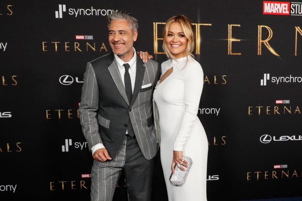 Rita Ora and Taika Waititi pose at the premiere for the film “Eternals” in Los Angeles, California (REUTERS)