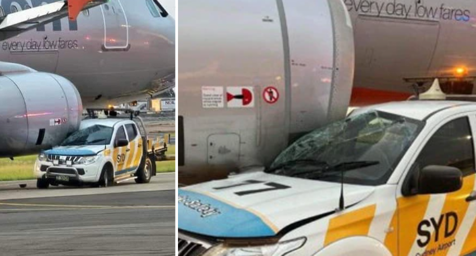 The Jetstar plane and ute collided on the tarmac with the aircraft's right engine crashing into the ute's windscreen.