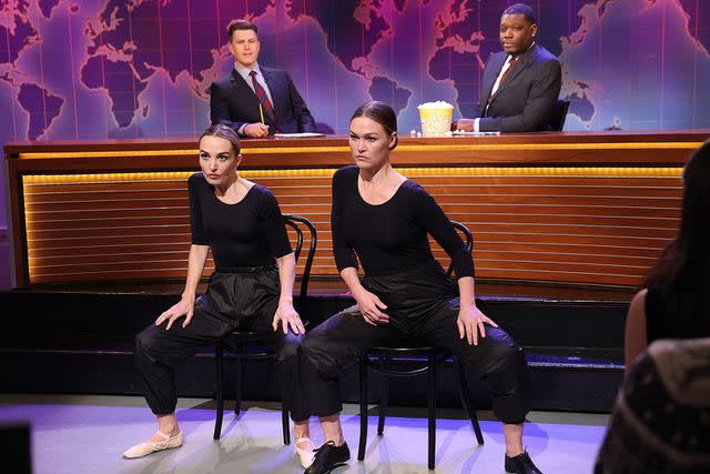 <p>Will Heath/NBC via Getty</p> Julia Stiles drops by 'SNL' to reenact her famous 'Save the Last Dance' scene