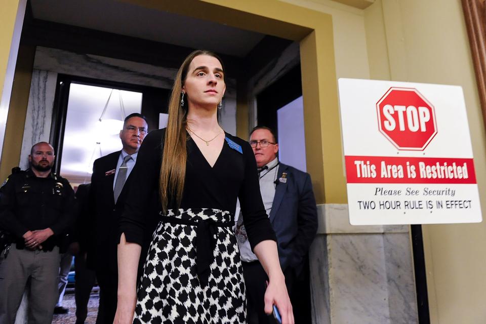 Rep. Zooey Zephyr, D-Missoula, walks out of the Montana House of Representatives after lawmakers voted to ban her from the chamber on Wednesday, April 26, 2023, in the State Capitol in Helena, Montana.