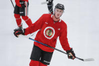 FILE - In this July 13, 2020, file photo, Chicago Blackhawks center Jonathan Toews skates during NHL hockey practice in Chicago. Toews is back after he missed last season while dealing with what he described as chronic immune response syndrome. But the state of the captain's game is a big question mark for his only NHL team. (AP Photo/Kamil Krzaczynski, File)