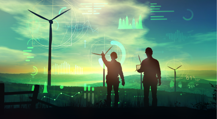 An image of engineers analyzing wind turbines over the hill, data imposed over the image. NEE stock