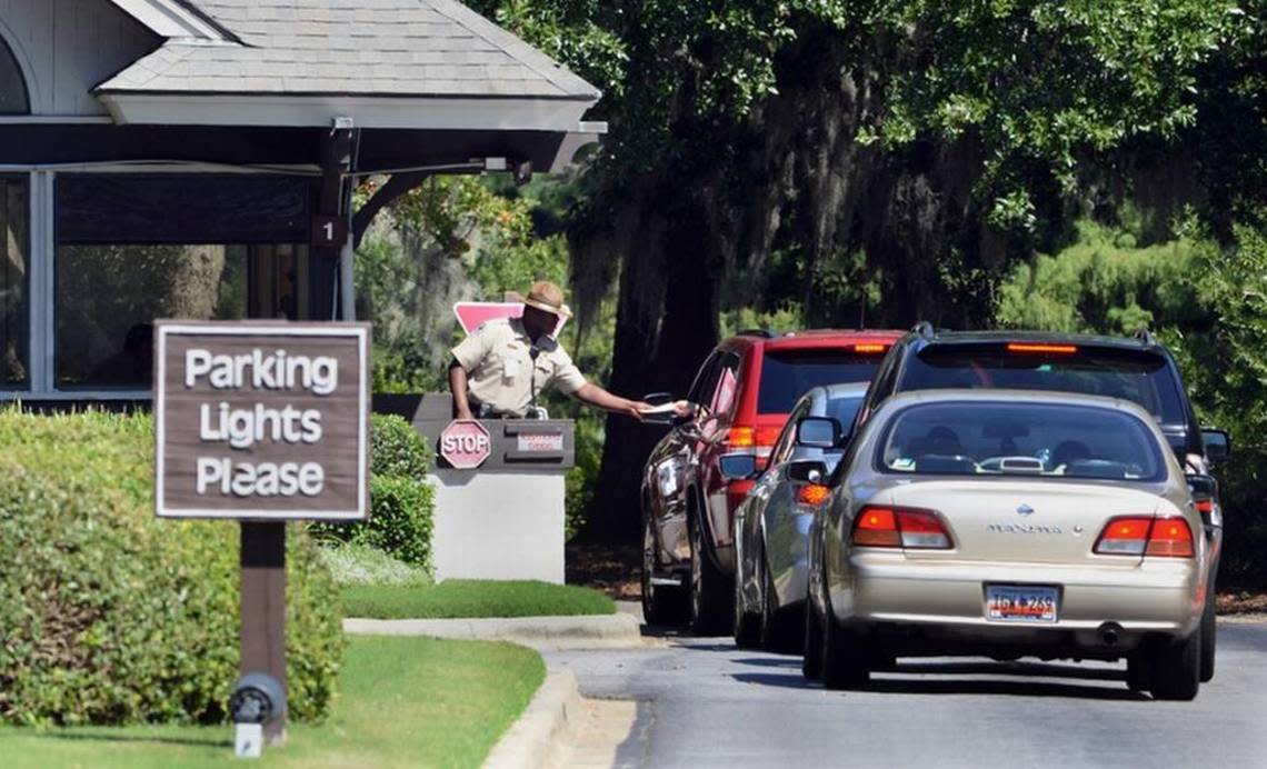 A security guard checks entrants at the Cypress Gate to Hilton Head Plantation on Hilton Head Island.