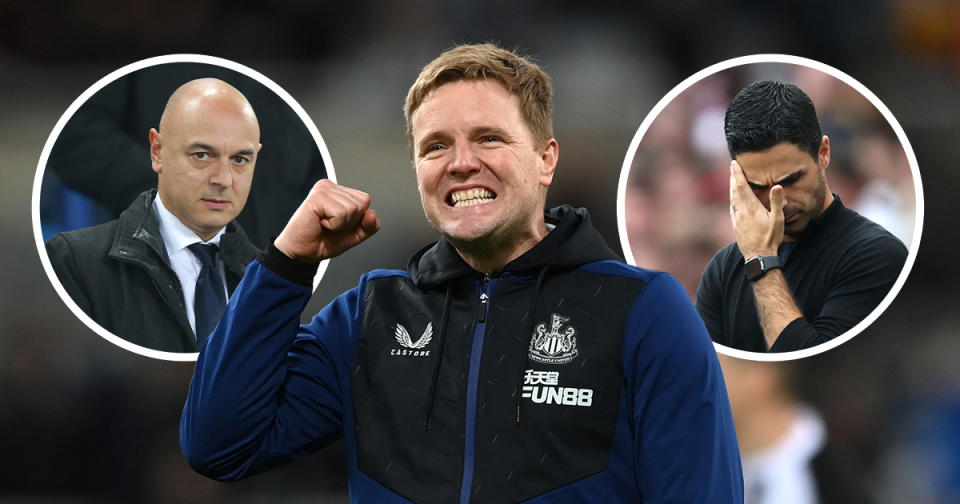   Newcastle United manager Eddie Howe celebrates with the fans after the Premier League match between Newcastle United and Burnley at St.  James Park on December 04, 2021 in Newcastle upon Tyne, England. 