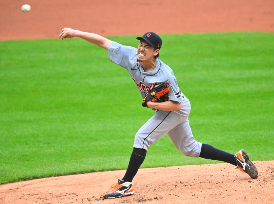 Detroit Tigers starting pitcher Kenta Maeda (18) delivers a pitch in the first inning against the Cleveland Guardians at Progressive Field in Cleveland on Tuesday, May 7, 2024.