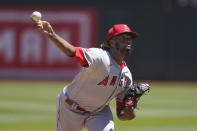 Los Angeles Angels' Touki Toussaint pitches against the Oakland Athletics during the first inning of a baseball game in Oakland, Calif., Wednesday, Aug. 10, 2022. (AP Photo/Jeff Chiu)