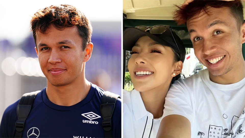 Williams Racing F1 driver Alex Albon (pictured left) before a race and (pictured right) posing for a photo.