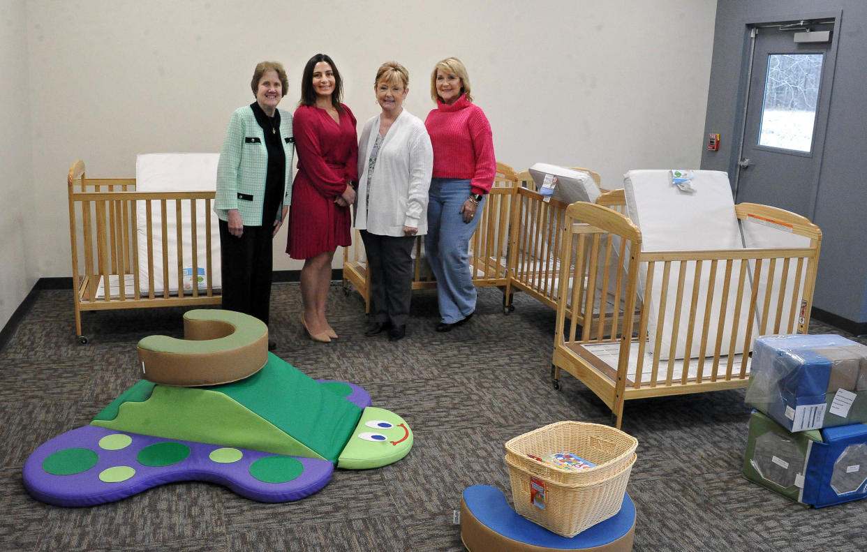 The Foundations Community Childcare center is located on Ford Drive in Ashland. Leading the effort to provide childcare for working parents are Jody Watson, left, board president; Brandy Scheetz, executive director; Brenda Uselton, secretary; and Barbie Lange, vice president. They are shown in the room for ages 6 weeks to 12 month. MIKE SCHENK/ASHLAND TIMES-GAZETT