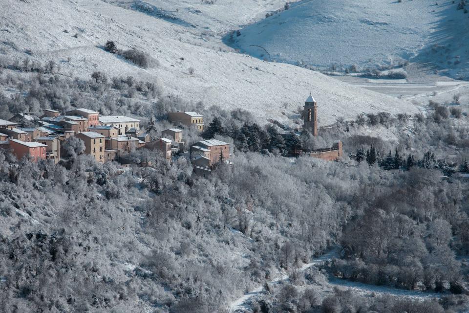 High angle view of buildings and trees during winter, Santo Stefano di Sessanio AQ, Italy