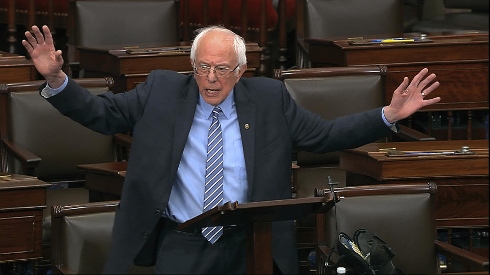 In this image from video, Sen. Bernie Sanders, I-Vt., speaks on the Senate floor at the U.S. Capitol in Washington, Wednesday, March 25, 2020. (Senate Television via AP)