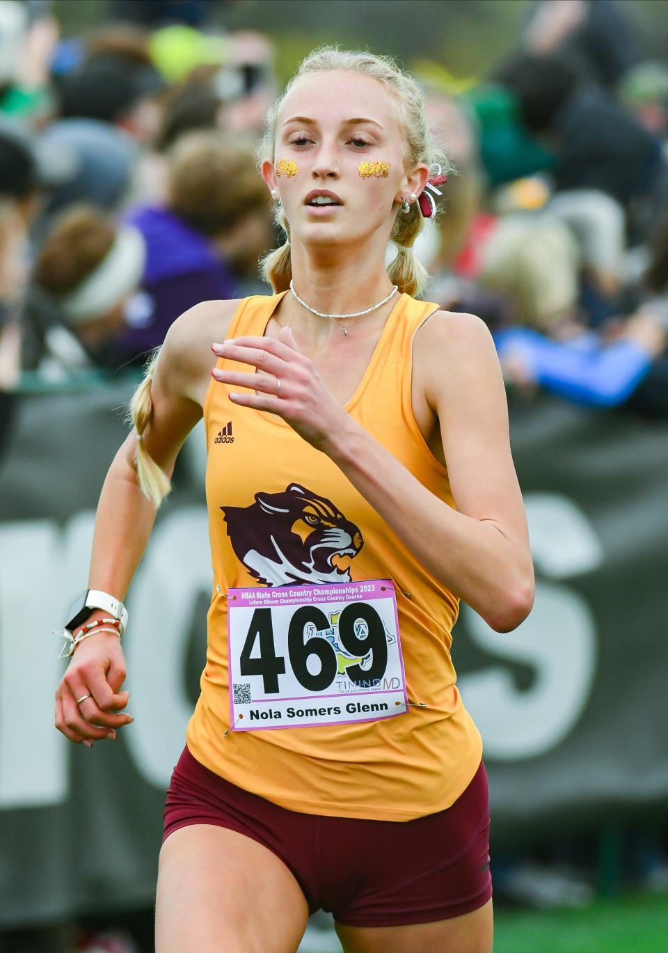 Bloomington North’s Nola Somers Glenn sprints to the finish during the IHSAA state cross country championship at the LaVern Gibson Championship Cross Country Course in Terre Haute, Ind. on Saturday, Oct. 28, 2023.