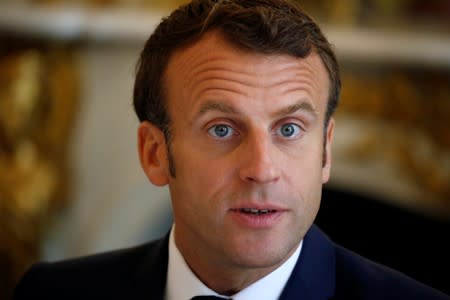 French President Emmanuel Macron speaks during a meeting with Edouard Fritch, President of French Polynesia, (not seen) at the Elysee Palace in Paris