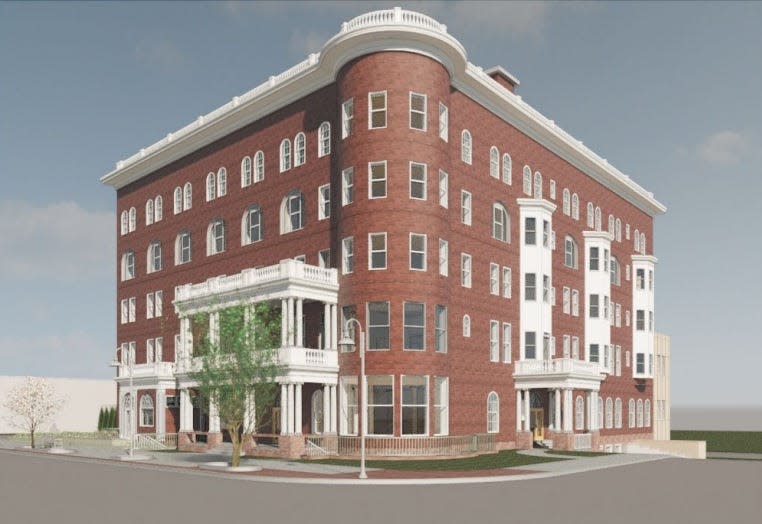 A former rendering of the Hotel Harrington from the southwest side of the building when plans to redevelop the site were in motion.