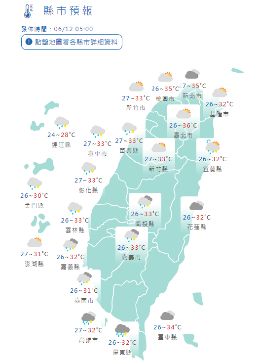 6/12全台縣市氣溫。中央氣象署