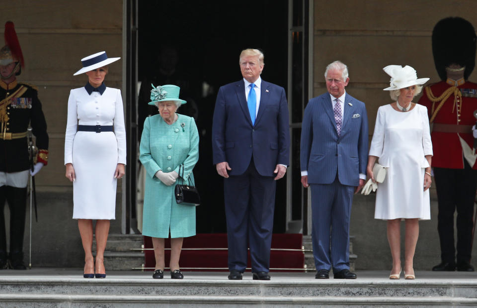 US President Donald Trump and his wife Melania are welcomed by Queen Elizabeth II, The Prince of Wales and The Duchess of Cornwall during the Ceremonial Welcome at Buckingham Palace, London, on day one of his three day state visit to the UK.