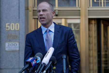 Michael Avenatti, attorney for Stormy Daniels, is pictured outside the Manhattan Federal Court in New York City, New York, U.S., April 13, 2018. REUTERS/Jeenah Moon