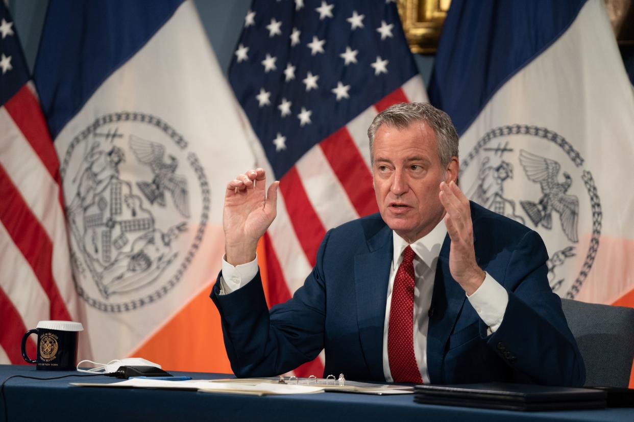 Mayor Bill de Blasio holds a live briefing at New York City Hall Wednesday in Manhattan. 