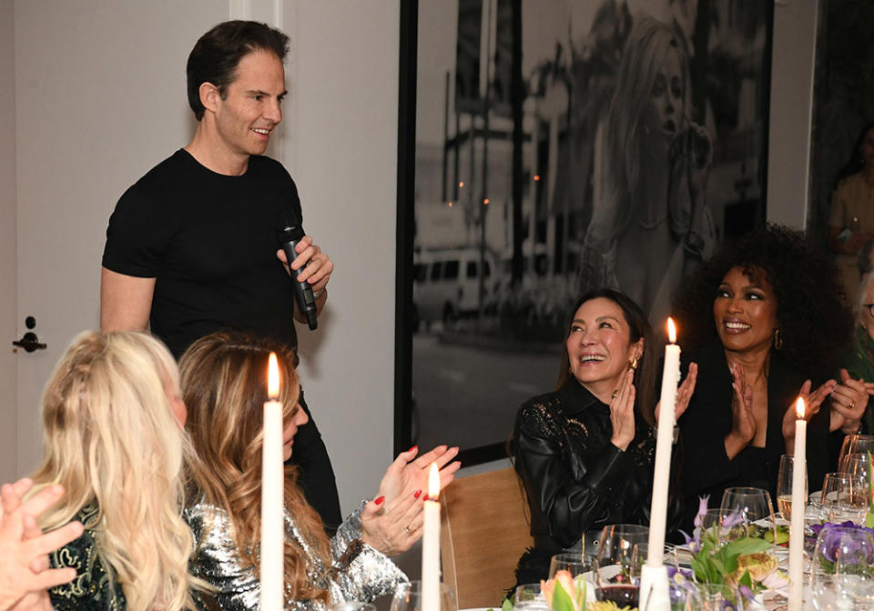 (L-R) Michael Shvo, Michelle Yeoh and Angela Bassett attend Mandarin Oriental And Michael Shvo Host Dinner By Michelin-Star Chef Daniel Boulud Celebrating Michelle Yeoh on February 12, 2023 in Beverly Hills, California.