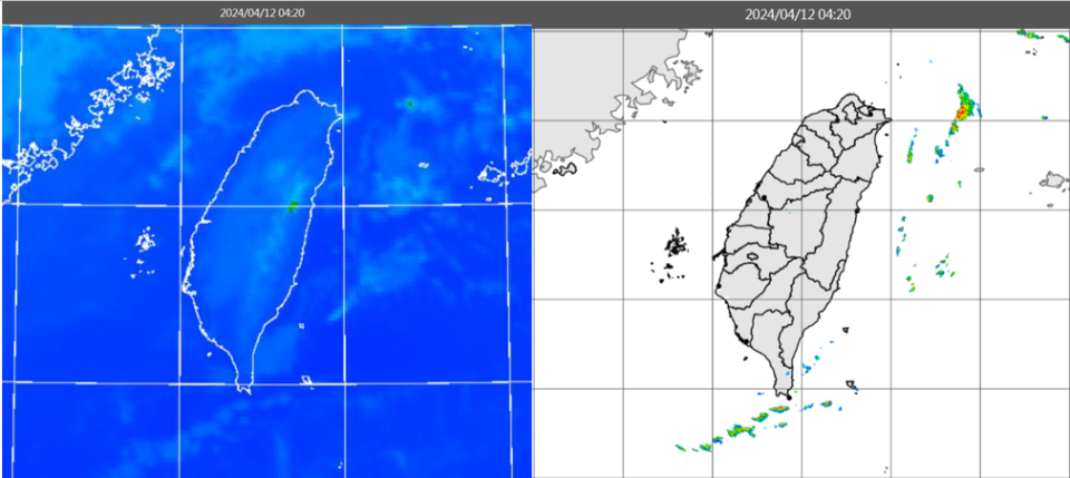 今晨4：20紅外線色調強化雲圖顯示，台灣上空雲層稀疏(左)；4：20雷達回波合成圖顯示，陸上無降水回波(右)。翻攝自氣象應用推廣基金會