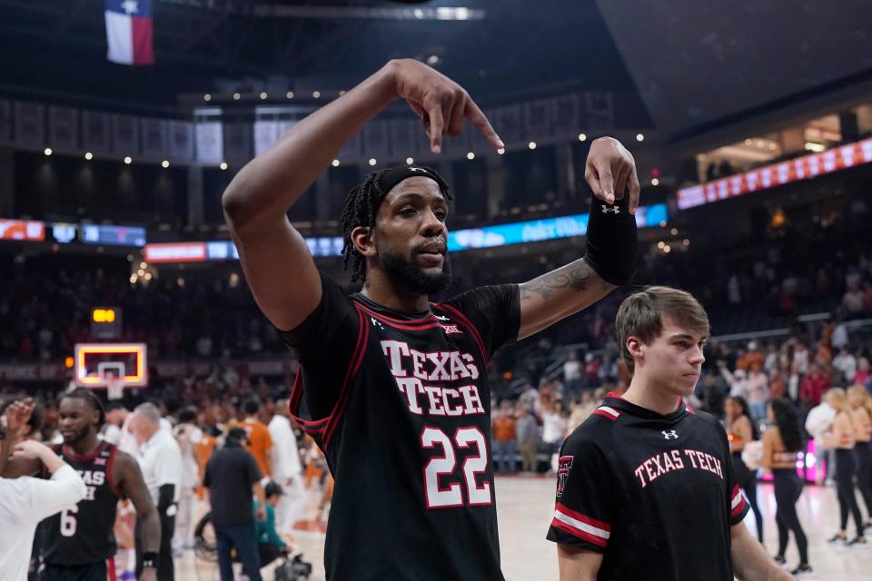 Texas Tech forward Warren Washington (22) celebrates after a win over Texas during the Big 12 basketball game, Saturday, Jan. 6, 2024, at Moody Center in Austin.