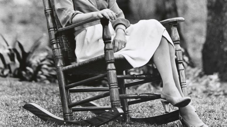 plains, ga june 2 former first lady rosalynn carter sits in a rocking chair that her husband, former president jimmy carter, had built in his home work shop mrs carter is posing for a portrait in her back yard to promote her new autobiographical book, first lady from plains, on april 3, 1984 at the carter home in plains, ga photo by john mcdonnellthe washington post via getty images