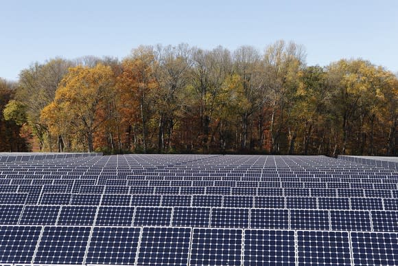 Utility scale solar installation in a field with trees in the background.