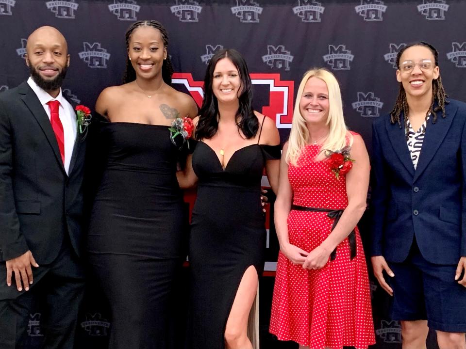 The 30th class of the Marion Harding Athletic Hall of Fame was inducted Friday night. Members are from left Shawn Dyer, Shawnta' Dyer, Sarah Woodrum (Pitzer), Heidi Clark (Bennett) and Brenae Harris.
