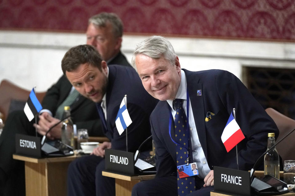 From left, Finnish Foreign Minister Pekka Haavisto, Estonian Foreign Minister Margus Tsahkna and Danish Foreign Minister Lars Lokke Rasmussen attend a meeting of NATO's foreign ministers in Oslo, Thursday, June 1, 2023. (Lise Aserud/Pool Photo via AP)